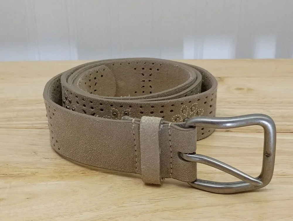 Beige ornate leather like belt. 45 in